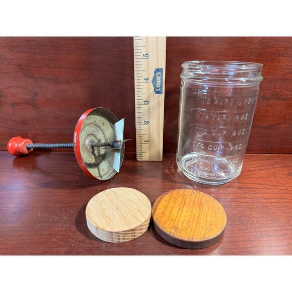 Antique Red Handle Hazel Atlas Glass Jar Chopper Measuring Cup - Picture 7 of 7